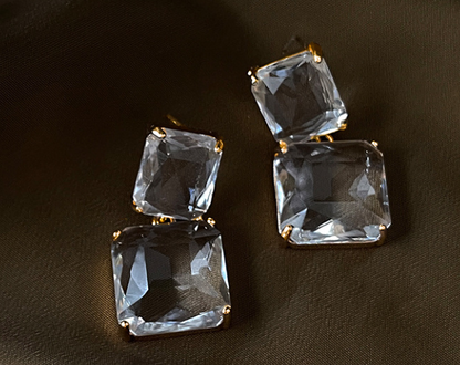 Ice style synthetic quartz with golden frame drop earrings