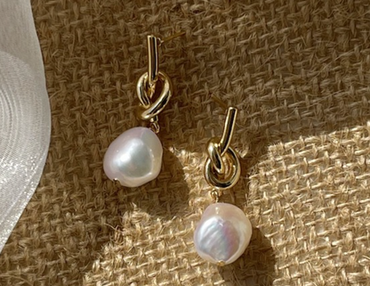 14K Gold Plated Knotted Baroque Freshwater Pearl Drop Earrings