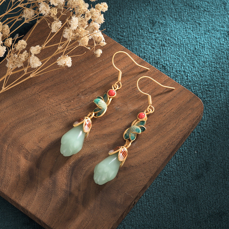 Eastern Charm Magnolia Flower Shape Jade Drop Earrings