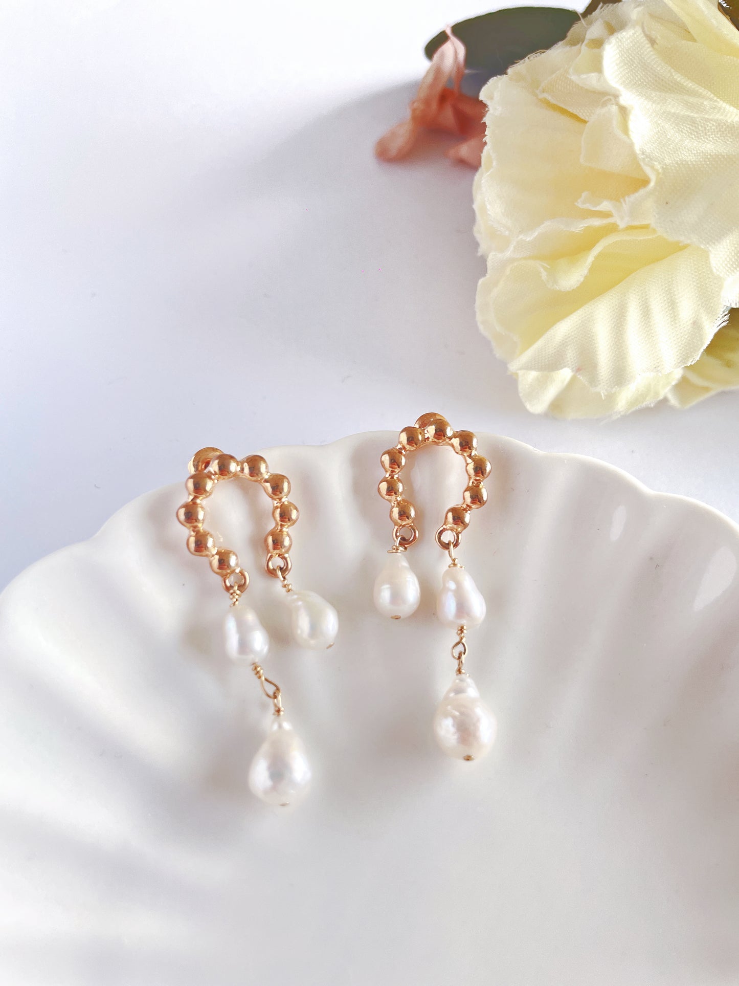 14K Gold Plated Horseshoe Shape Natural Baroque Pearl Drop Earrings