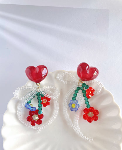 Handmade heart & flower beaded tassel drop earrings