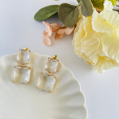 Ice style synthetic quartz with golden frame drop earrings