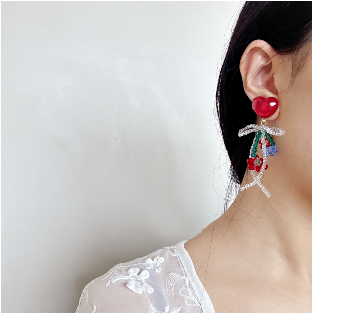 Handmade heart & flower beaded tassel drop earrings