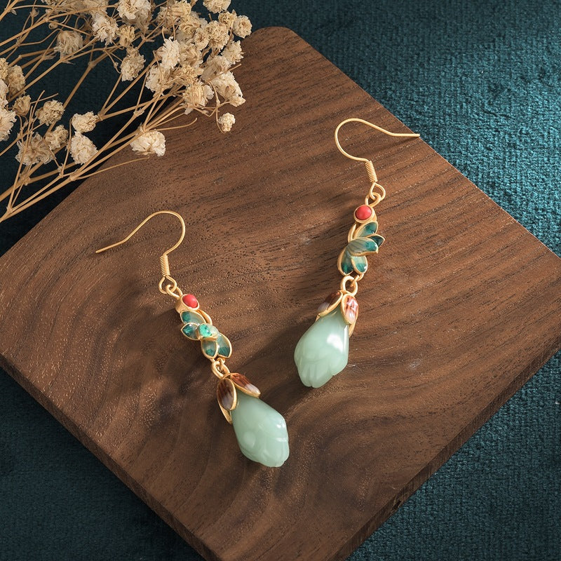 Eastern Charm Magnolia Flower Shape Jade Drop Earrings