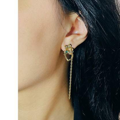 18K gold-plated green zircon flower double-layered tassel drop earrings