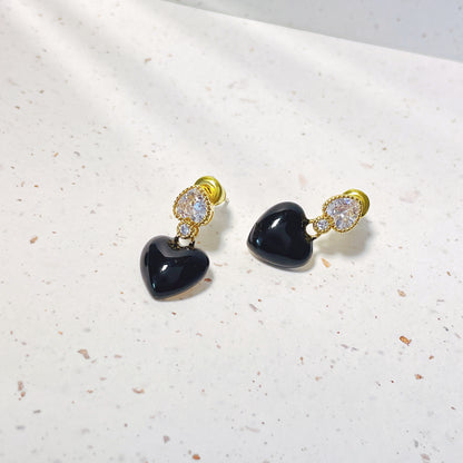 Black heart artificial diamond drop earrings