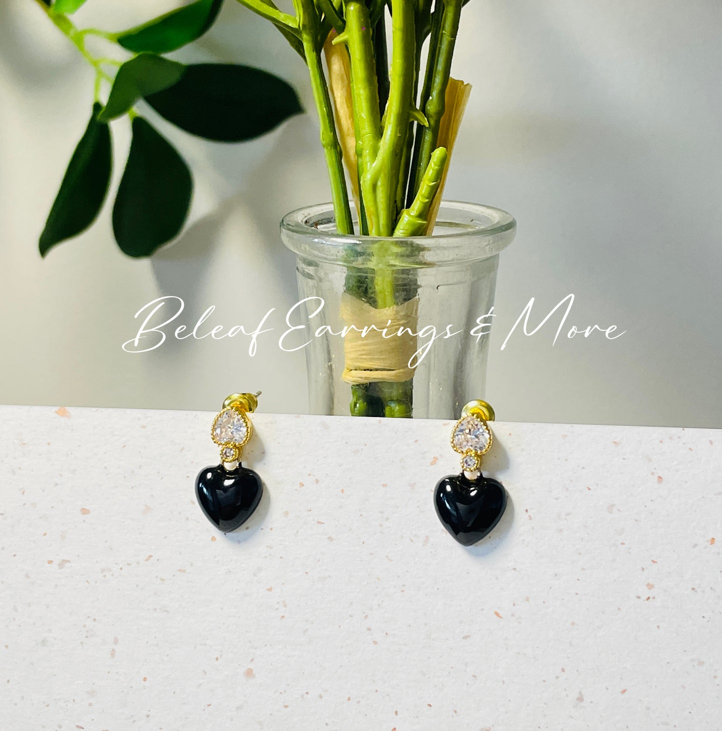 Black heart artificial diamond drop earrings