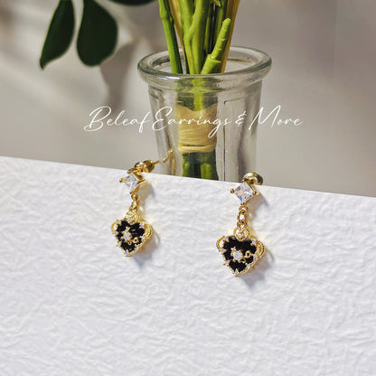 Black knight heart with lace detail & glitter zircon drop earrings