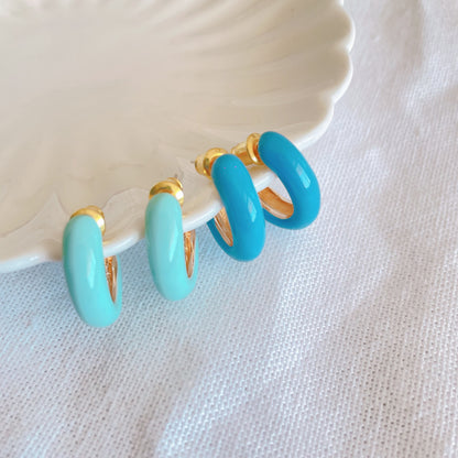 Aquamarine enamel huggies earrings